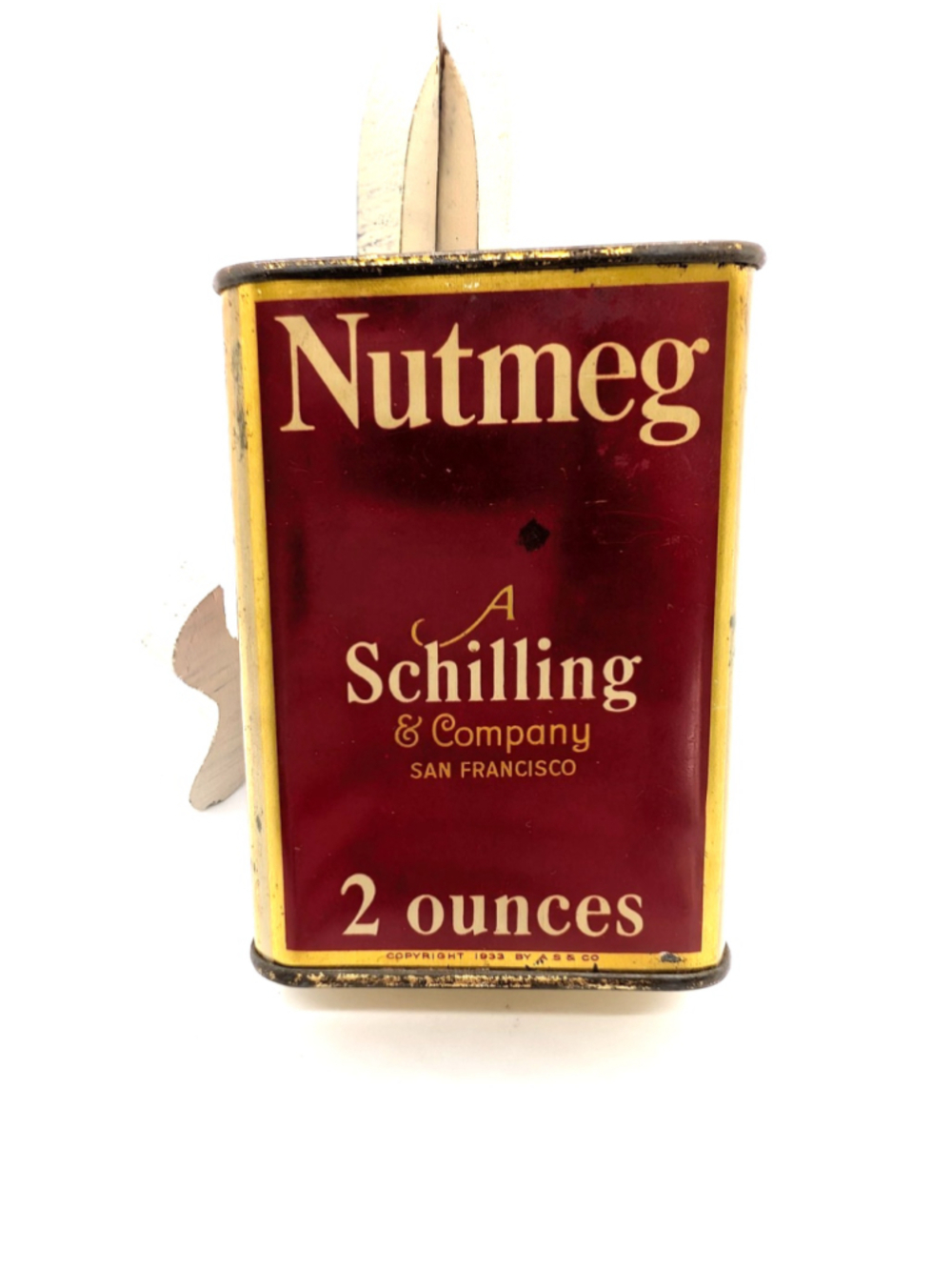 Vintage A. Schilling & Co Nutmeg Spice Tin - Gold Top & Bottom - 2 oz